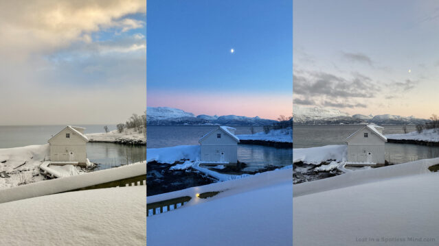 Three side-by-side photos of the same seaside landscape in winter, showing a white boathouse, the ocean, and faraway mountains, in three different kinds of weather. The first photo has golden light and a mix of blue and hazy sky. The second is deeply blue and pink, taken as the sun has just set, with a visible moon. The third has a lighter sky, with drifting grey clouds.
