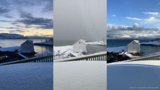 Three side-by-side photos of the same seaside landscape in winter, showing a white boathouse, the ocean, and faraway mountains, on a purple and gold evening, a grey and snowy day, and a crisp blue morning.