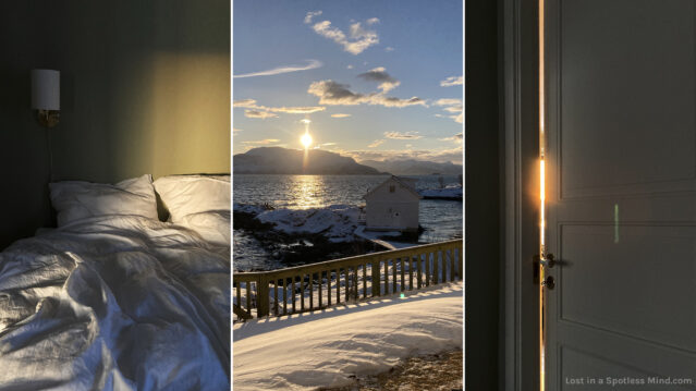 Three images, all in moody, golden sunlight; a rumpled bed with white linens; the usual seaside landscape, this time with the rising sun over the mountains; the morning sun shining through a crack in an almost closed door.