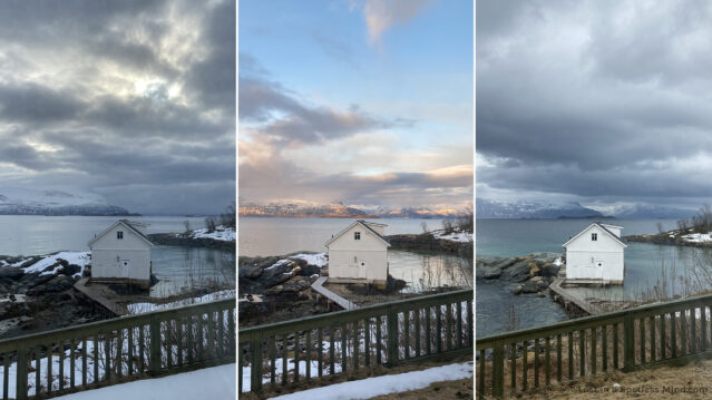 Three photos of the same seaside landscape, showing a white boathouse, the ocean, and faraway mountains, seen in various weather and amount of cloud coverage.