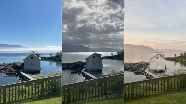 Three photos of the same seaside landscape, showing a white boathouse, the ocean, and faraway mountains, in all kinds of summer weather (except the grey days, because they looked so dull in photos).
Three photos of the same seaside landscape, showing a white boathouse, the ocean, and faraway mountains, in the best kinds of summer weather.