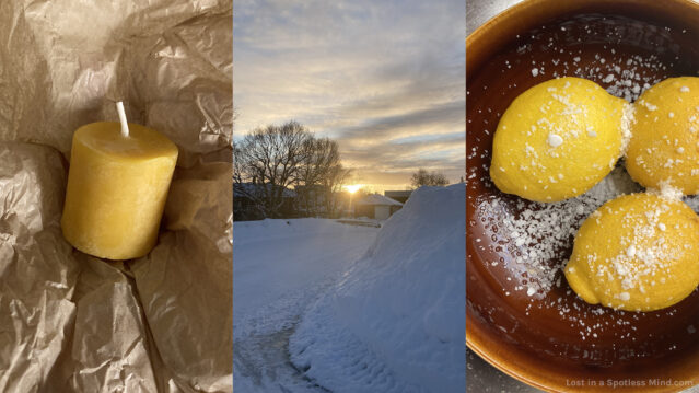 Three side-by-side photos, the first shows a small beeswax candle on crinkled brown paper, the second shows the sun just peeking up over some houses, the third shows bright lemons in a dark bowl, sprinkled with coarse salt.