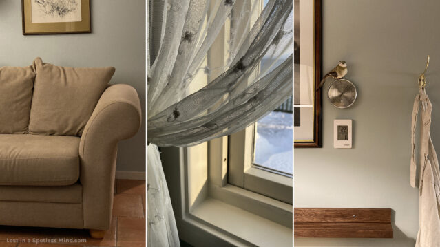 Three side-by-side photos: 1. a comfy beige couch with a rounded armrest, 2. sunshine barely reaching a windowsill behind a lace net curtain, 3. A pale blue wall with things hanging there: a partially visible picture frame, a bird figure on a round hygrometer, a digital thermometer, an apron on a hook.