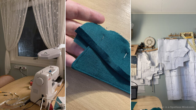 Three side-by-side photos: 1. a somewhat messy sewing table and a clearly rainy window, 2. a close-up of a teal fabric shape that's becoming a stand-up collar, 3. a wall in my sewing room, where paper patterns on hangers fill almost the entire wall.