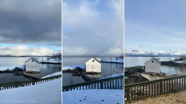 Three side-by-side photos of the same seaside landscape in early spring, showing a white boathouse, the ocean, and faraway mountains. The weather changes from heaps of snow and heavy clouds, to less snow and wispy clouds, to bare ground and blue skies.