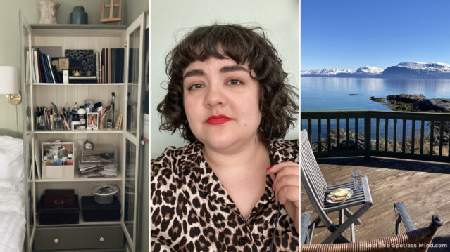 Three photos: 1. An open cabinet filled with somewhat artfully arranged art supplies, 2. A selfie of Maria, a white woman in her thirties. She's wearing red lipstick and a leopard print shirt, and her hair is freshly (self) cut in a wavy shag. 3. A terrace in the sun, with a meal waiting on a chair, in front of a breathtakingly blue ocean landscape.