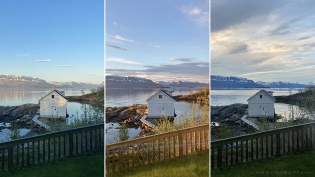 Three photos of the same seaside landscape, showing a white boathouse, the ocean, and faraway mountains, seen in varieties of beautiful spring weather.