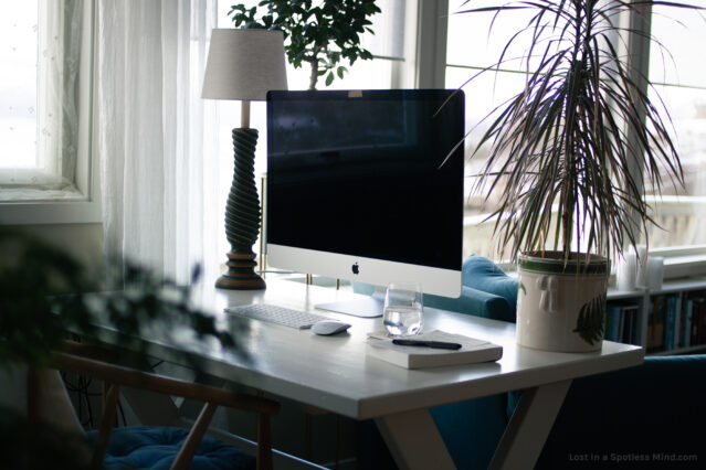 An iMac on a rather tidy white desk, placed between a curvy lamp and a spiky plant.