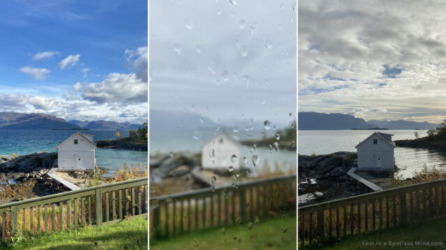 Three photos of a seaside landscape and a white boathouse, in various autumn weather. The middle photo is blurry, taken through a rain-spattered window.